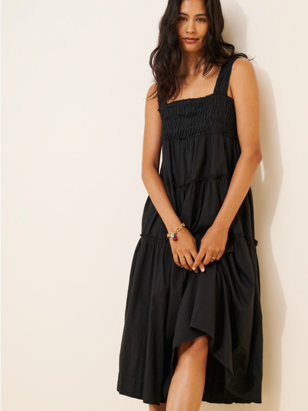 The Helena Square-Neck Tiered Midi Dress: Smocked Edition Black sz M